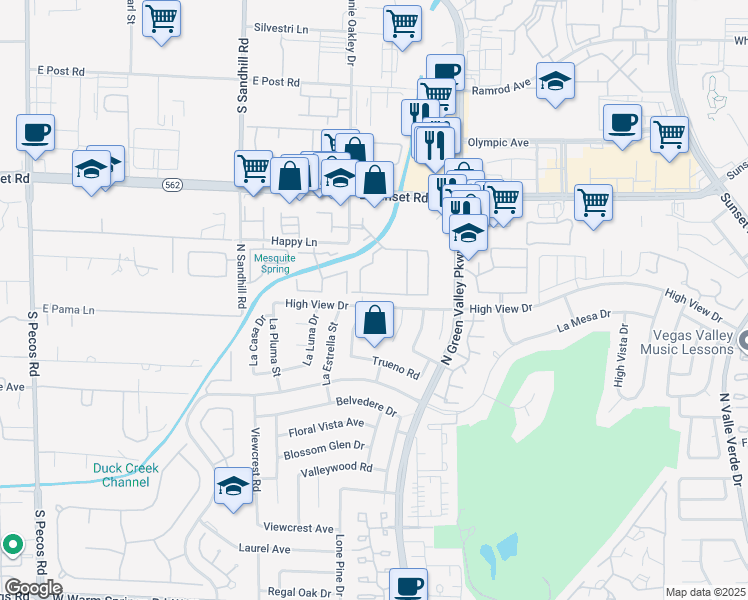map of restaurants, bars, coffee shops, grocery stores, and more near 3131 High View Drive in Henderson