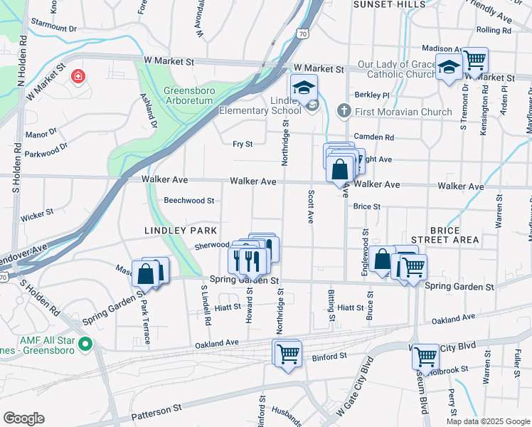 map of restaurants, bars, coffee shops, grocery stores, and more near 2408 Springwood Drive in Greensboro