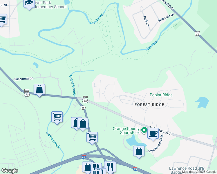 map of restaurants, bars, coffee shops, grocery stores, and more near 212 Dogwood Bloom Lane in Hillsborough