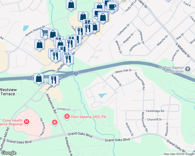 map of restaurants, bars, coffee shops, grocery stores, and more near 2835 Longpine Road in Burlington