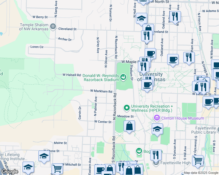 map of restaurants, bars, coffee shops, grocery stores, and more near 351 North Razorback Road in Fayetteville