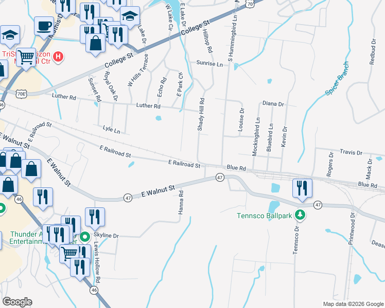 map of restaurants, bars, coffee shops, grocery stores, and more near 420 Shady Hill Road in Dickson