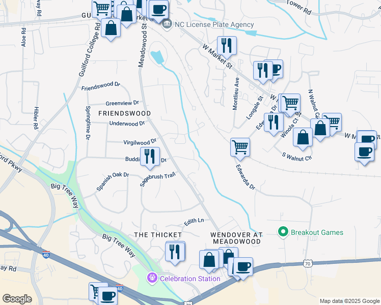 map of restaurants, bars, coffee shops, grocery stores, and more near 11 Meadowood Glen Way in Greensboro