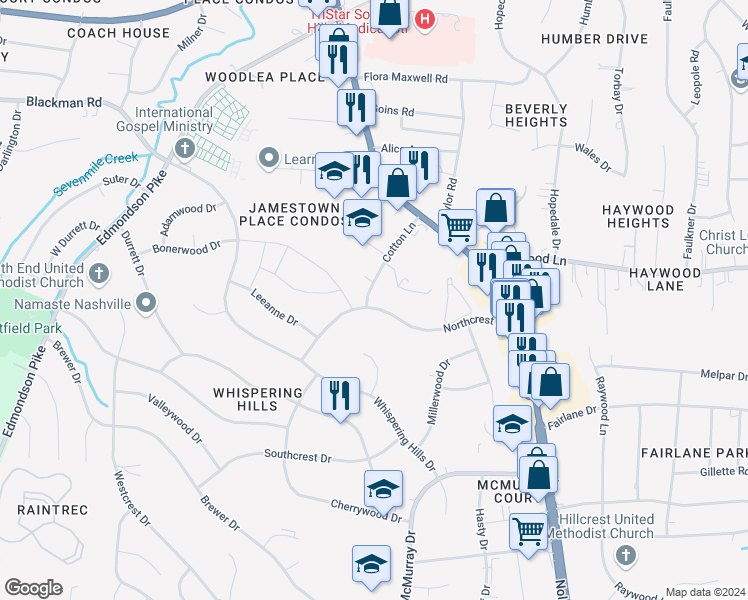 map of restaurants, bars, coffee shops, grocery stores, and more near 115 Northcrest Court in Nashville