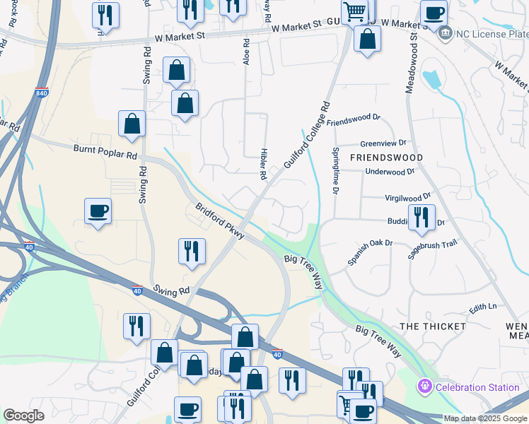map of restaurants, bars, coffee shops, grocery stores, and more near 449 Guilford College Road in Greensboro