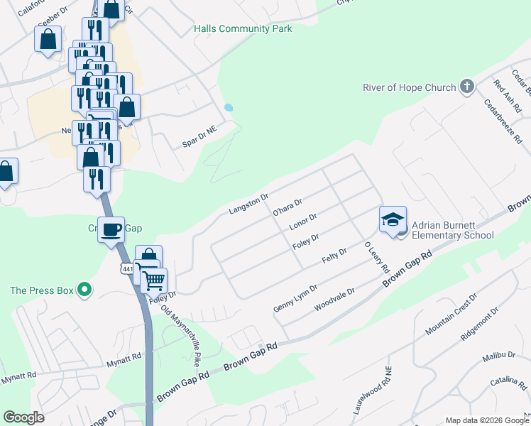 map of restaurants, bars, coffee shops, grocery stores, and more near 6621 O Brien Road in Knoxville