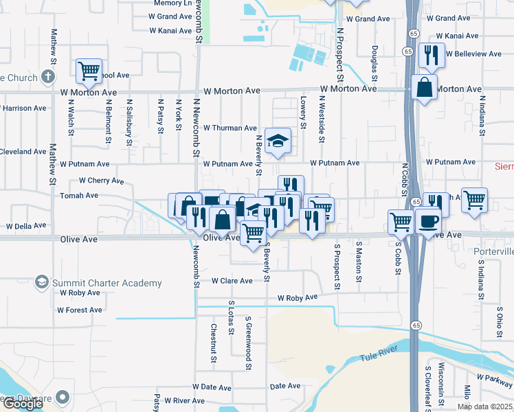 map of restaurants, bars, coffee shops, grocery stores, and more near 1431 Tomah Avenue in Porterville