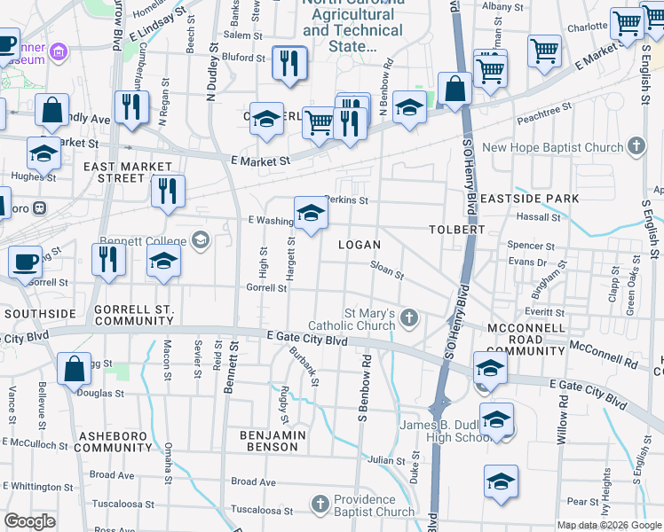 map of restaurants, bars, coffee shops, grocery stores, and more near 1208 Sloan Street in Greensboro