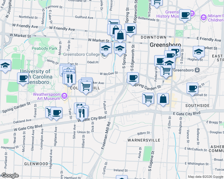 map of restaurants, bars, coffee shops, grocery stores, and more near in Greensboro
