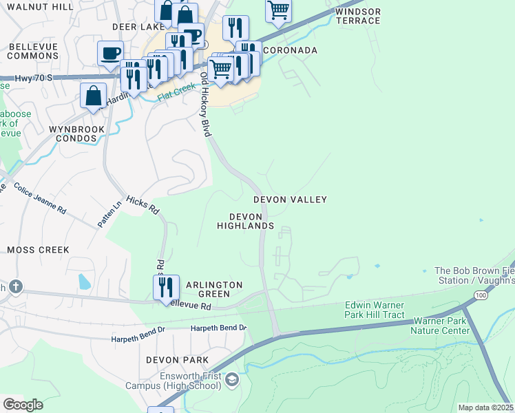 map of restaurants, bars, coffee shops, grocery stores, and more near 704 Devon Way Court in Nashville