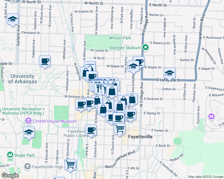 map of restaurants, bars, coffee shops, grocery stores, and more near in Fayetteville