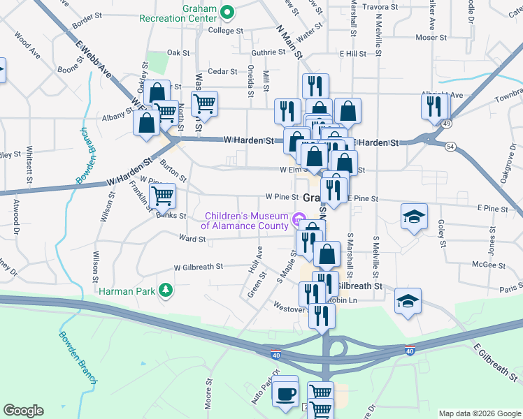 map of restaurants, bars, coffee shops, grocery stores, and more near 223 Banks Street in Graham