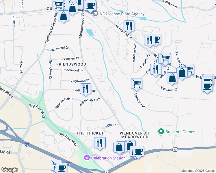 map of restaurants, bars, coffee shops, grocery stores, and more near 11 Meadowood Glen Way in Greensboro