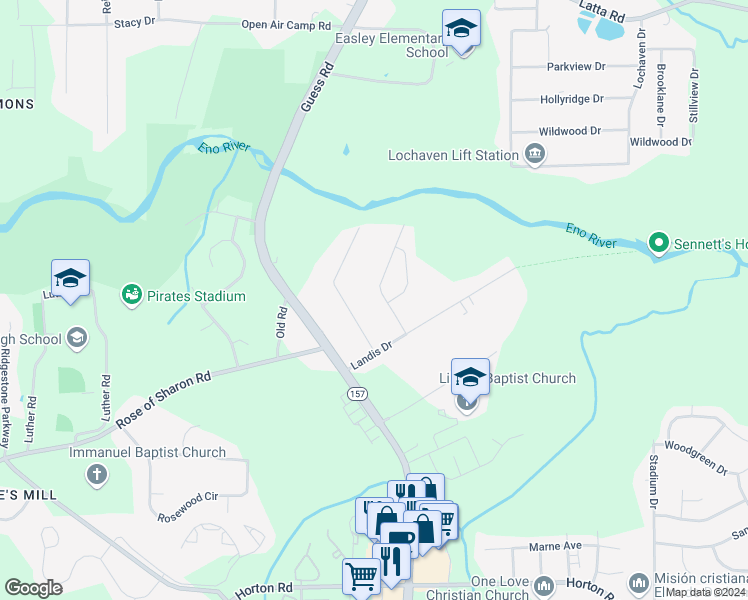 map of restaurants, bars, coffee shops, grocery stores, and more near 4021 Trevor Circle in Durham