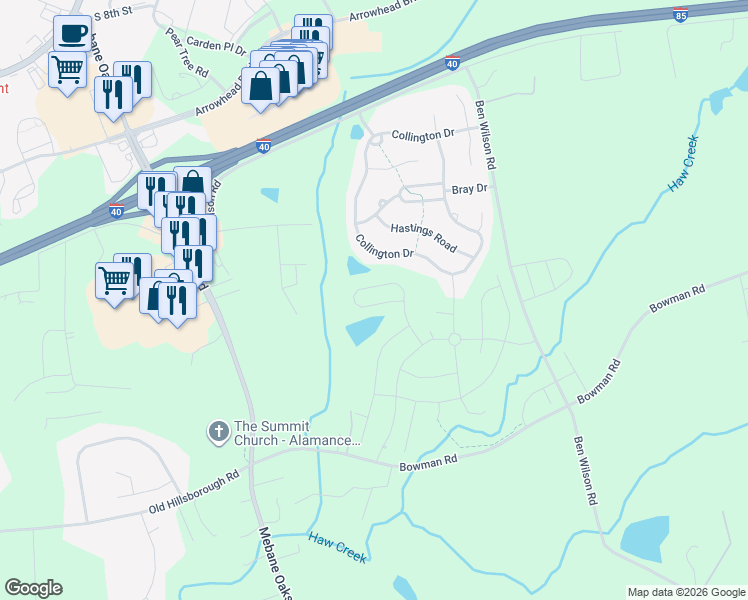 map of restaurants, bars, coffee shops, grocery stores, and more near 614 Collington Dr in Mebane