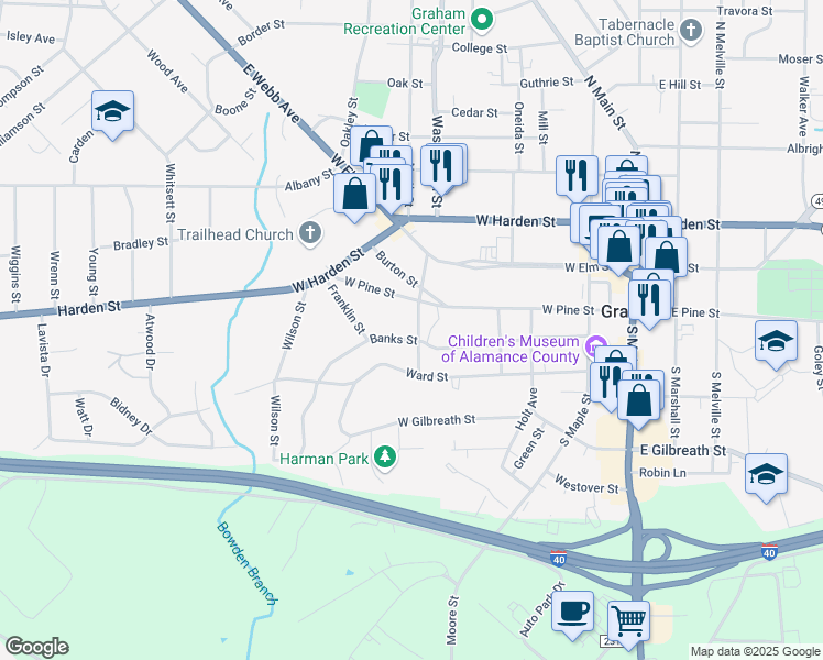 map of restaurants, bars, coffee shops, grocery stores, and more near 211 Home Avenue in Graham