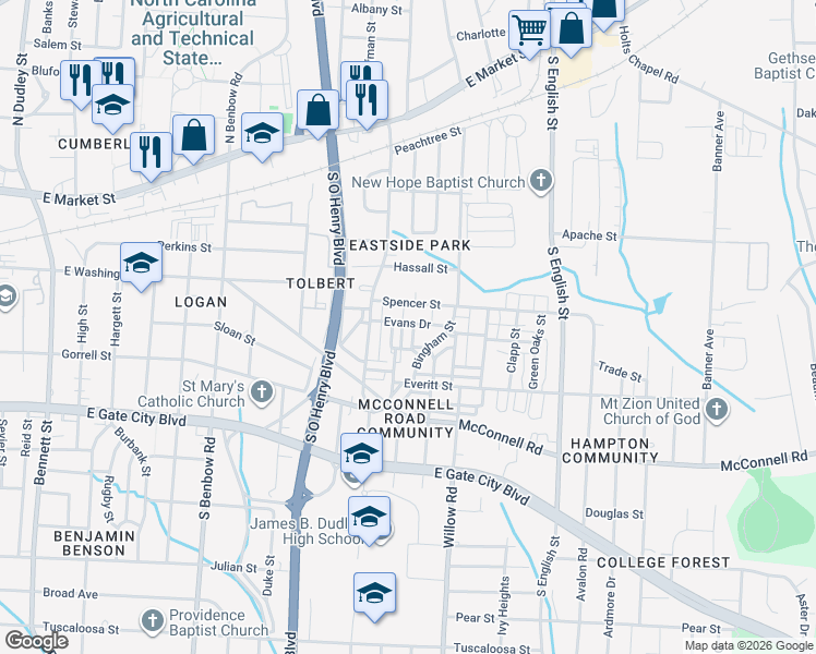 map of restaurants, bars, coffee shops, grocery stores, and more near 1802 Evans Drive in Greensboro