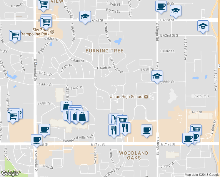 map of restaurants, bars, coffee shops, grocery stores, and more near 9106 East 66th Street in Tulsa