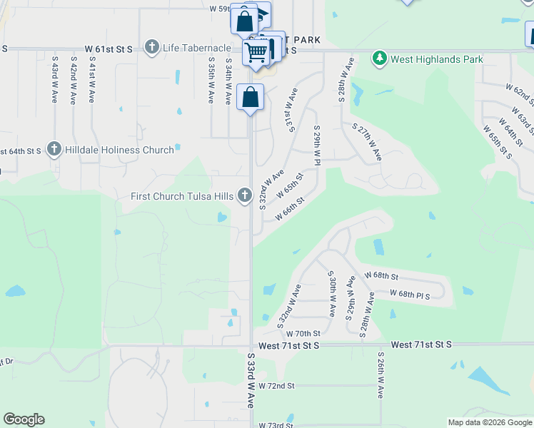 map of restaurants, bars, coffee shops, grocery stores, and more near 2995 West 66th Street in Tulsa