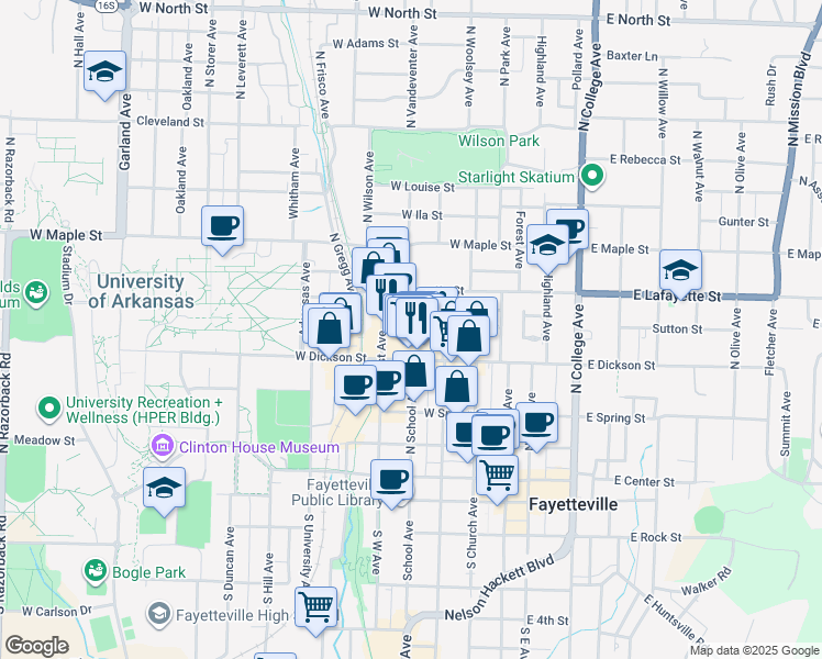 map of restaurants, bars, coffee shops, grocery stores, and more near 331 West Watson Street in Fayetteville