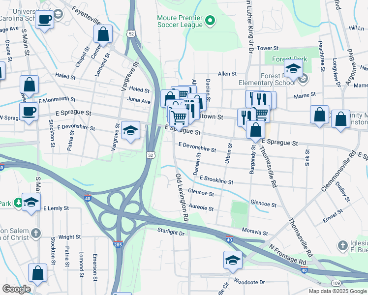 map of restaurants, bars, coffee shops, grocery stores, and more near 620 East Devonshire Street in Winston-Salem