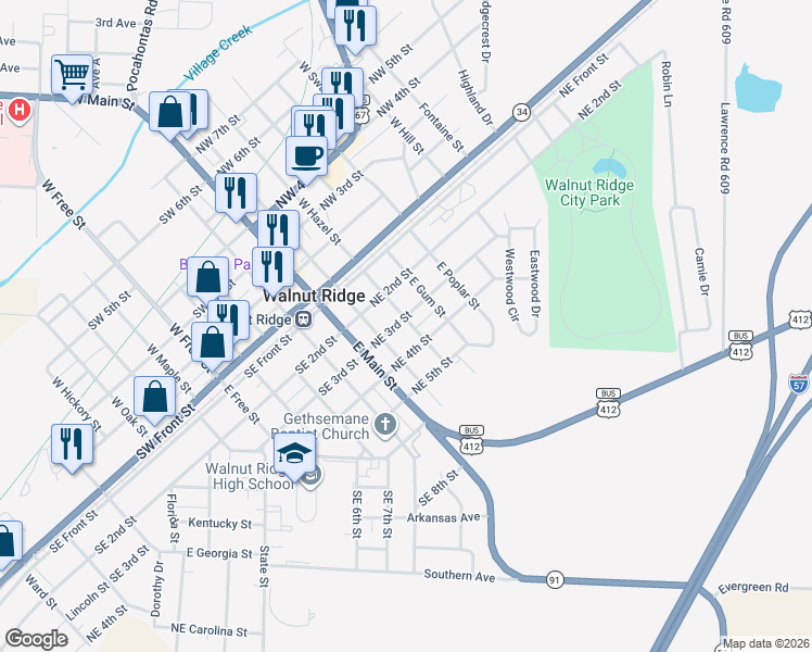 map of restaurants, bars, coffee shops, grocery stores, and more near 224 Northeast 3rd Street in Walnut Ridge