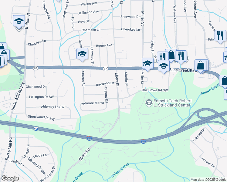 map of restaurants, bars, coffee shops, grocery stores, and more near 1626 Ebert Street in Winston-Salem