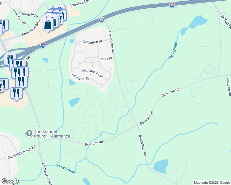 map of restaurants, bars, coffee shops, grocery stores, and more near 313 McClellan Trail in Mebane