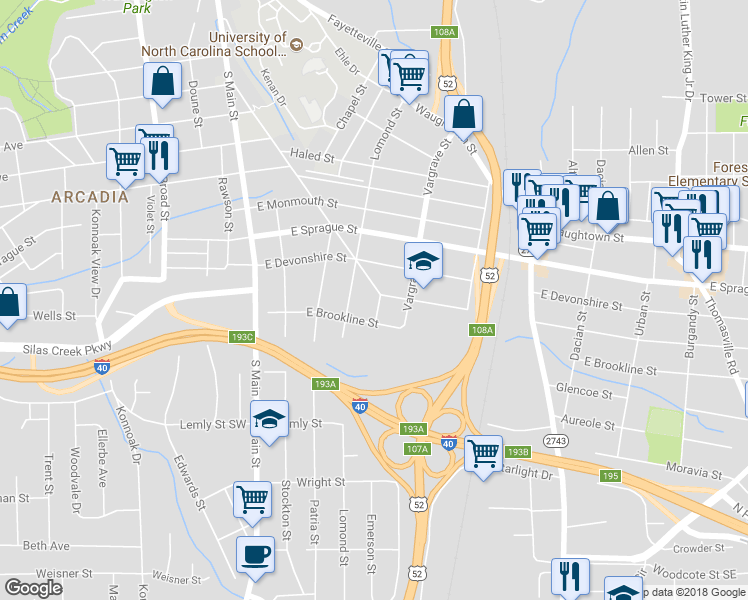 map of restaurants, bars, coffee shops, grocery stores, and more near 2400 Lucille Street in Winston-Salem
