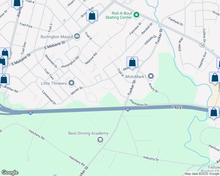 map of restaurants, bars, coffee shops, grocery stores, and more near 2407 Ashton Park Lane in Burlington