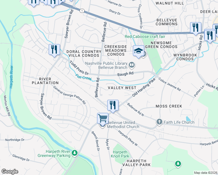 map of restaurants, bars, coffee shops, grocery stores, and more near 621 Barlin Drive in Nashville