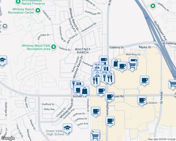 map of restaurants, bars, coffee shops, grocery stores, and more near 740 Tenderfoot Circle in Henderson