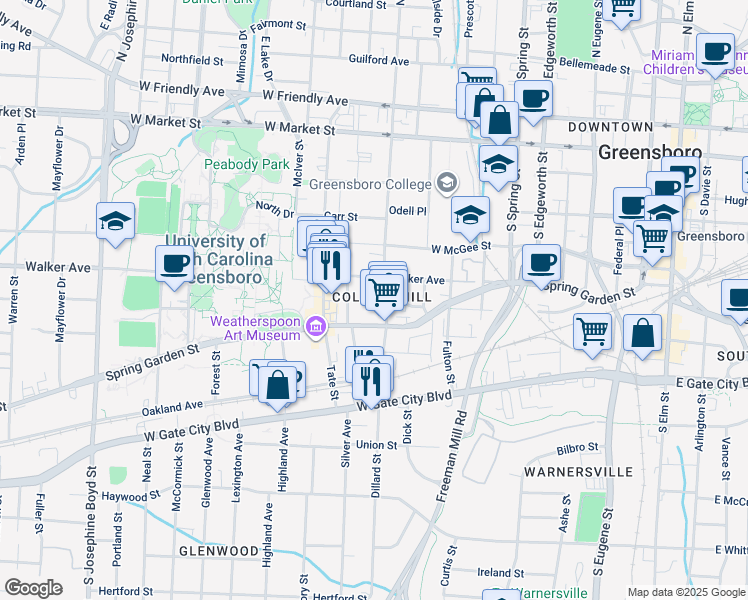 map of restaurants, bars, coffee shops, grocery stores, and more near in Greensboro