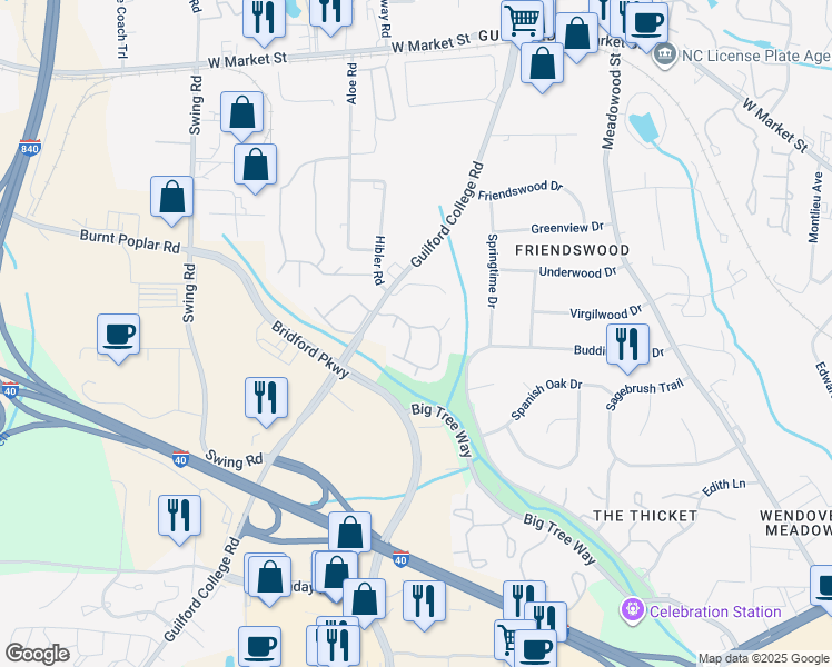 map of restaurants, bars, coffee shops, grocery stores, and more near 433 Guilford College Road in Greensboro