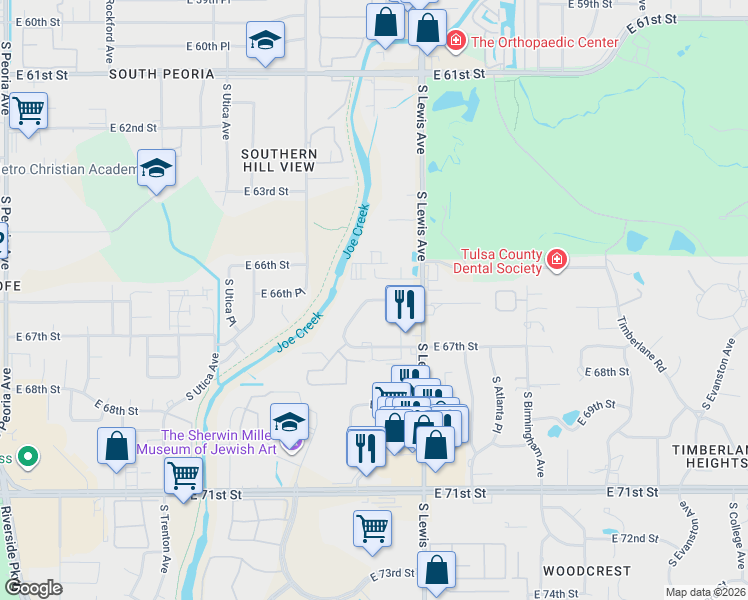 map of restaurants, bars, coffee shops, grocery stores, and more near 2211 East 66th Place in Tulsa