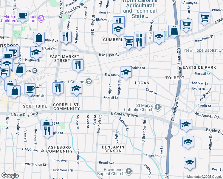 map of restaurants, bars, coffee shops, grocery stores, and more near 417 High Street in Greensboro