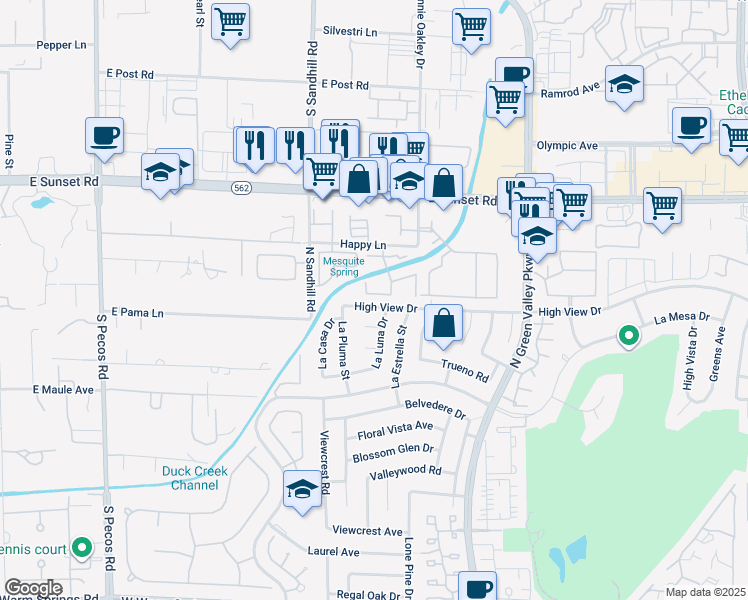 map of restaurants, bars, coffee shops, grocery stores, and more near 3155 High View Drive in Henderson