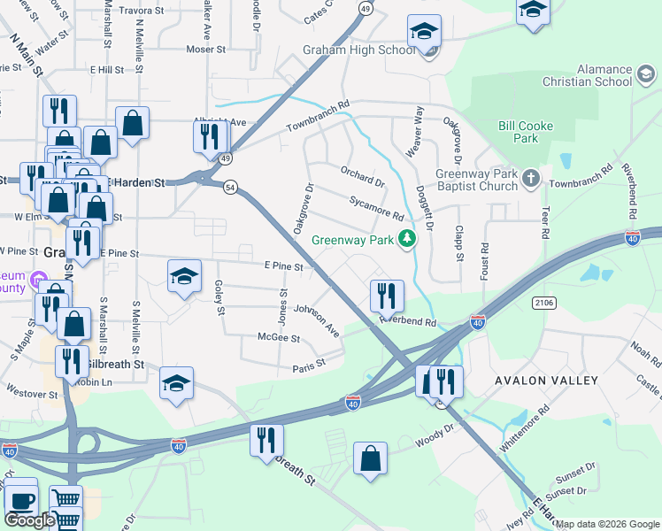 map of restaurants, bars, coffee shops, grocery stores, and more near 514 East Harden Street in Graham