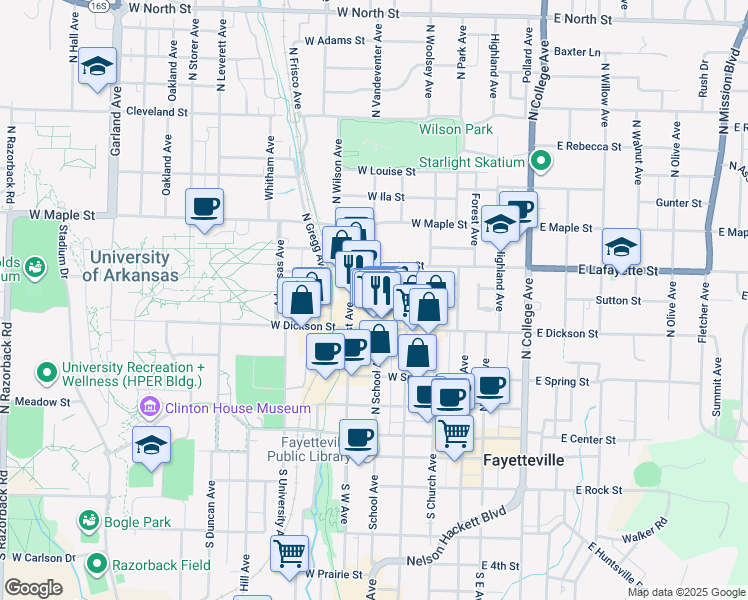 map of restaurants, bars, coffee shops, grocery stores, and more near 316 West Watson Street in Fayetteville