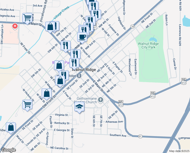 map of restaurants, bars, coffee shops, grocery stores, and more near 202 East Walnut Street in Walnut Ridge