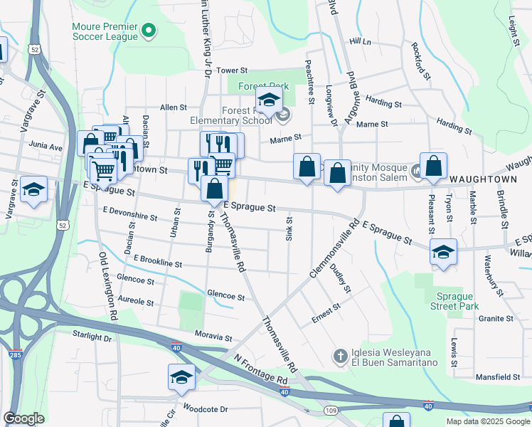 map of restaurants, bars, coffee shops, grocery stores, and more near 1022 East Sprague Street in Winston-Salem