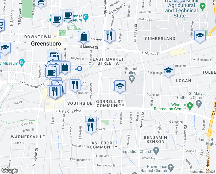 map of restaurants, bars, coffee shops, grocery stores, and more near 512 Martin Street in Greensboro