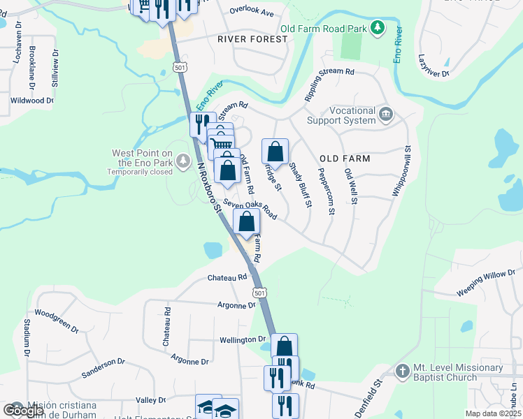 map of restaurants, bars, coffee shops, grocery stores, and more near 34 Riverwalk Terrace in Durham