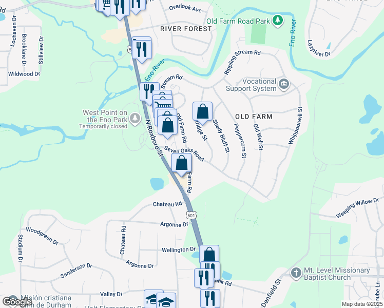 map of restaurants, bars, coffee shops, grocery stores, and more near 34 Riverwalk Terrace in Durham