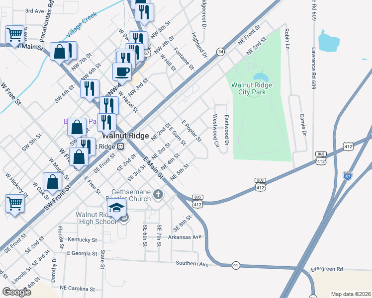 map of restaurants, bars, coffee shops, grocery stores, and more near 313 Northeast 4th Street in Walnut Ridge