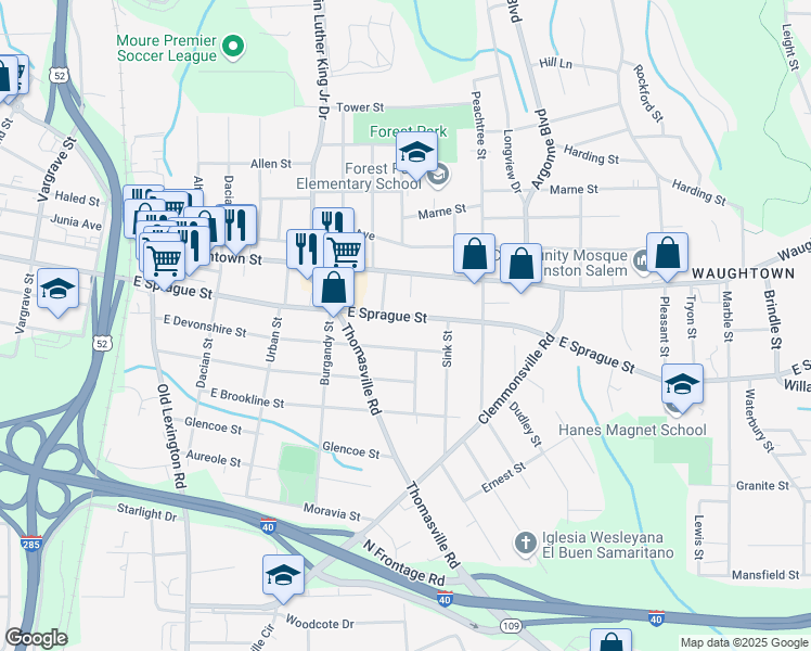map of restaurants, bars, coffee shops, grocery stores, and more near 1020 E Sprague St in Winston-Salem