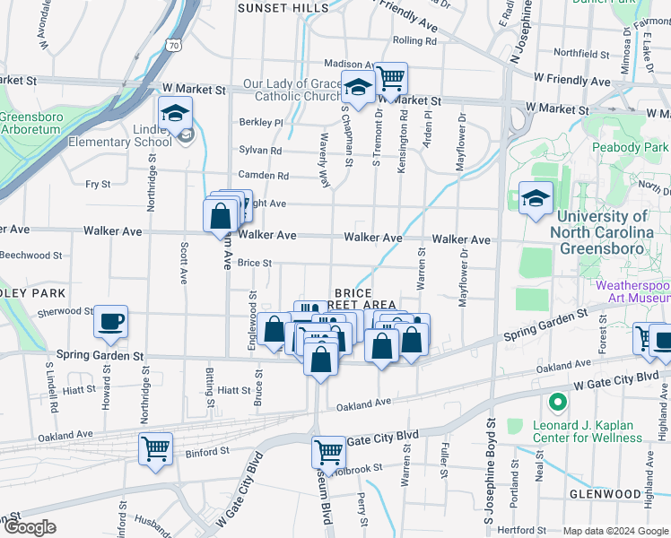 map of restaurants, bars, coffee shops, grocery stores, and more near 601 South Chapman Street in Greensboro