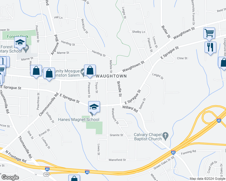 map of restaurants, bars, coffee shops, grocery stores, and more near 1617 Vogler Street in Winston-Salem