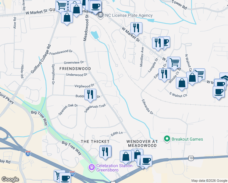 map of restaurants, bars, coffee shops, grocery stores, and more near 11 Meadowood Glen Way in Greensboro