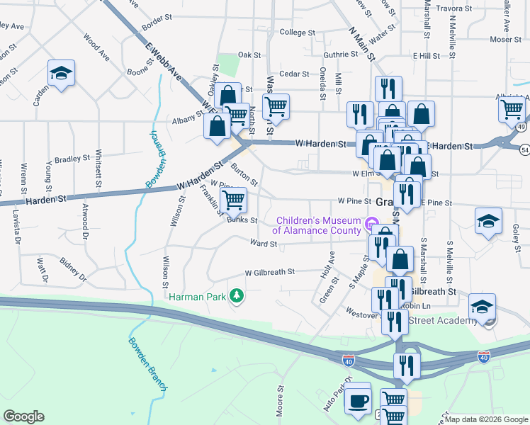 map of restaurants, bars, coffee shops, grocery stores, and more near 437 Banks Street in Graham